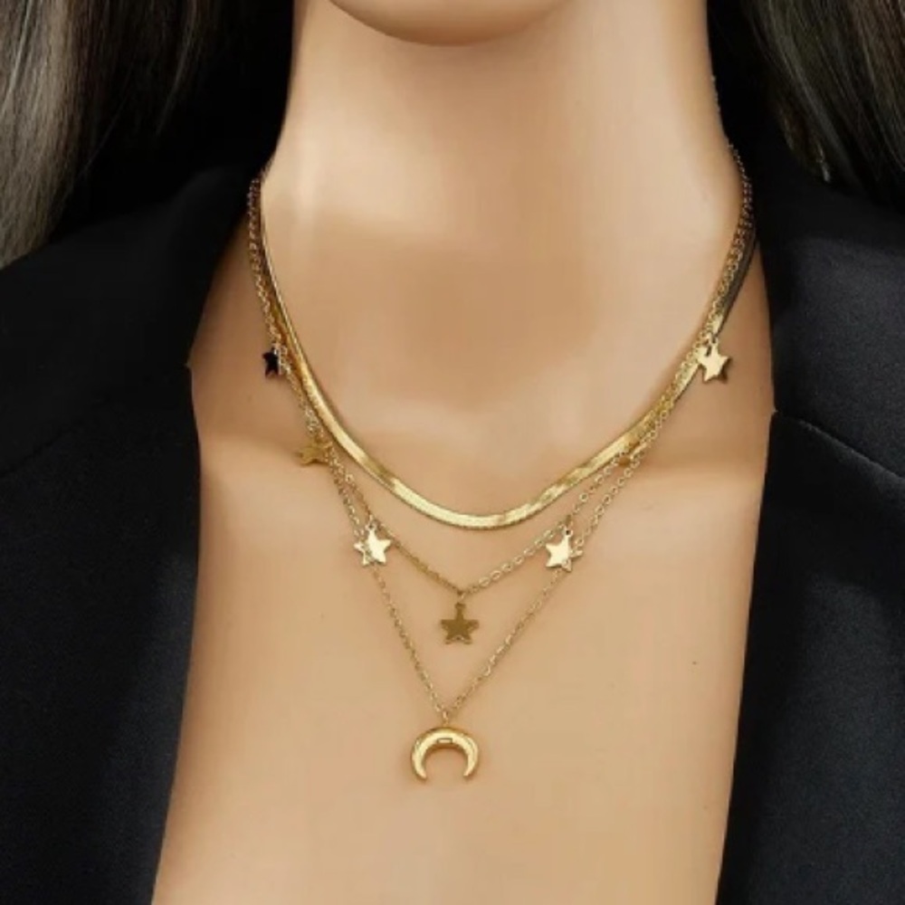 18K Gold Moon & Stars Celestial Bohemian Vintage Style Layered Necklace No Fade - Picture 4 of 14